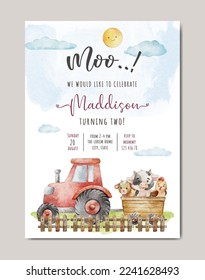 birthday farm theme watercolor invitation card template