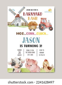 birthday farm theme watercolor invitation card template