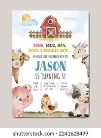 birthday farm theme watercolor invitation card template