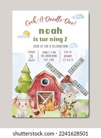 birthday farm theme watercolor invitation card template