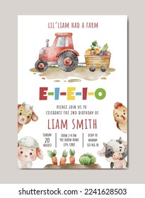 birthday farm theme watercolor invitation card template