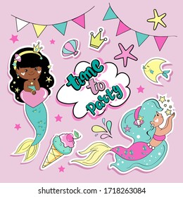 Birthday with fashion patch badges mermaid, fish, flags, ice cream and the inscription time to party on a pink background. Vector illustration of a party for a girl