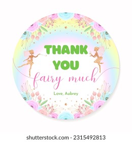 Birthday favor sticker. Circle party favor card background with gold sparkling fairy silhouette, rainbow and flowers. Vector 10 EPS.
