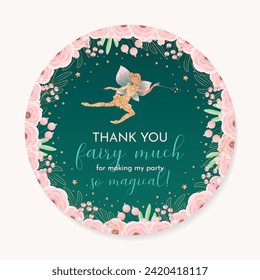 Birthday favor sticker. Circle party favor card background with gold sparkling fairy silhouette and flowers on a dark green background. Vector 10 EPS.