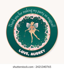 Birthday favor sticker. Circle party favor card background with gold sparkling fairy silhouette and flowers on a dark green background. Vector 10 EPS.