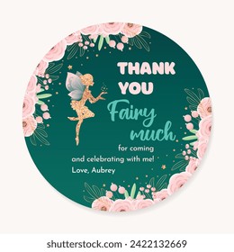 Birthday favor sticker. Circle party favor card background with gold sparkling fairy silhouette and flowers on a dark green background. Vector 10 EPS.