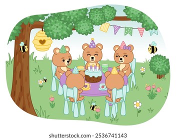 Birthday feastive table of little bear. Cartoon, kawaii, Isolated vector illustration eps 10