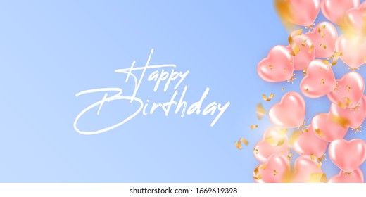 Birthday festive background with heart shape helium balloons.