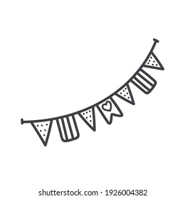 Birthday Flag Garland In Doodle Style. Vector Line Illustration Isolated On White Background.