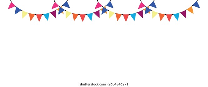 Birthday flags greeting card. Flag garlands and falling confetti retro isolated ornament background for birthday, party, festival .