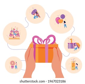 Birthday flat background composition with hands holding gift box surrounded by circle icons of festive people vector illustration