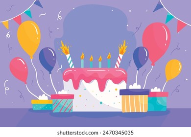 Birthday flat cartoon vector design, birthday card, invitation, prize and cake, birthday collection