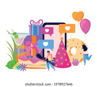 Birthday flat composition with images of festive hat and donut with gift boxes and human characters vector illustration