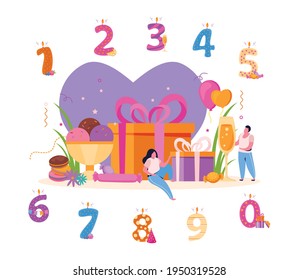 Birthday flat composition with images of sweets and gifts surrounded by digit shaped candles for cake vector illustration