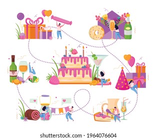 Birthday flat composition with set of connected festive images of sweets drinks and gifts with people vector illustration