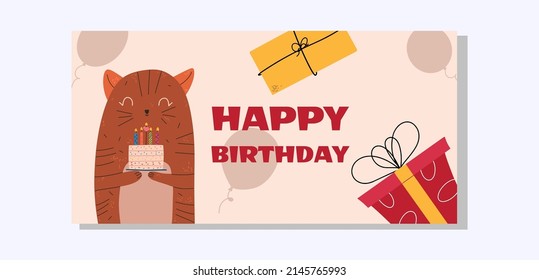 Birthday flat design template with cat, cake and gifts. Vector illustration.