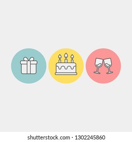 Birthday flat vector icons set. Holiday flat vector icon set. Gift, cake, wineglasses flat vector icons