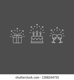 Birthday flat vector icons set. Holiday flat vector icon set. Gift, cake, wineglasses flat vector icons
