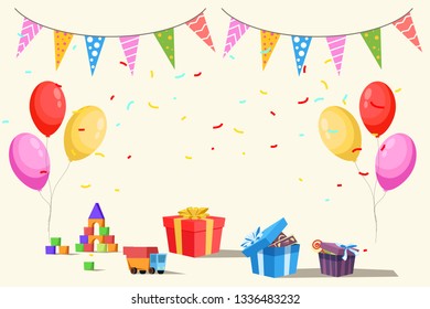 Birthday flat vector illustration. Cartoon balloons, festival garlands, presents, toys. Kid's birthday party backdrop with text space. Holiday celebration banner, poster, greeting card background idea