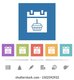 Birthday flat white icons in square backgrounds. 6 bonus icons included.