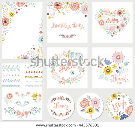 Birthday floral card set with decorative flowers, butterfly, branches, floral wreath and pattern brushes.