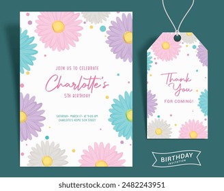 Birthday flower invitation card vector template design. Girl birthday invitation and thank you card with daisy water color flowers theme decoration background. Vector illustration greeting card 