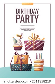 Birthday flyer with cake, gifts, birthday cupcake. Birthday party, celebration, congratulations, invitation concept. Vector illustration for promo, sale banner, advertising.