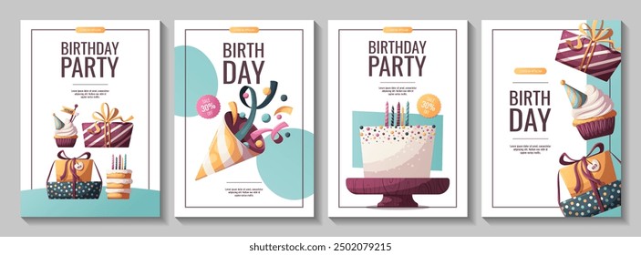 Birthday flyer set with cakes, cupcake, gifts, party hat. Birthday party, celebration, congratulations, invitation concept. Vector illustration. Promo, sale, advertising, banner.