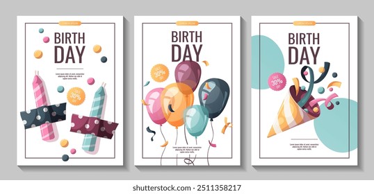 Folhetos de aniversário com balões, chapéu de festa, velas. Festa de aniversário, celebração, parabéns, conceito do convite. Ilustração vetorial. Panfleto, banner, promoção, publicidade.