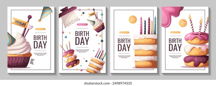 Birthday flyers with cakes, cupcake, birthday donuts.  Birthday party, celebration, congratulations, invitation concept. Vector illustration.