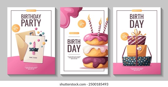 Birthday flyers with donuts, birthday gifts, and card. Birthday party, celebration, congratulations, invitation concept. Vector illustration for promo, advertising, sale.