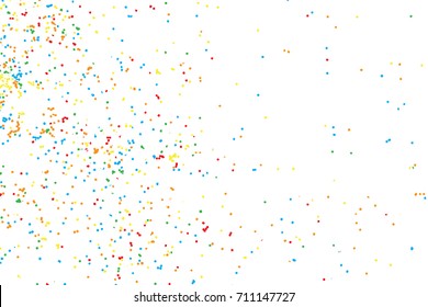 Birthday foil confetti glitter sparkles blow. Particles random background. Colourful explosion of dots. Grainy textured holiday birthday design for greeting cards visuals. Vector.