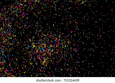 Birthday foil confetti glitter sparkles blow. Particles random background. Colourful explosion of dots. Grainy textured holiday birthday design for greeting cards visuals. Vector.