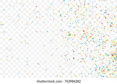 Birthday foil confetti glitter sparkles blow. Particles random background. Colourful explosion of dots. Grainy textured holiday birthday design for greeting cards visuals. Vector.