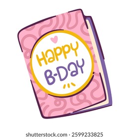 Birthday folded greeting card with Happy bday text inside round frame. Pink postcard with invitation and fun wavy pattern. Birthday mascot, booklet cartoon vector illustration