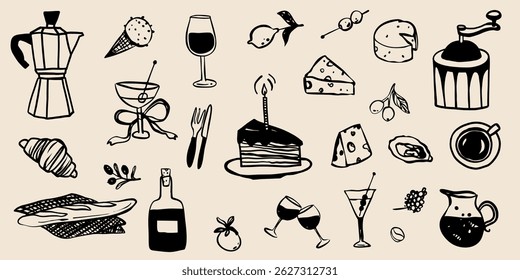 Birthday food dinner cafe icon doodle hand drawn illustration branding vector illustration set. Drink promotion beverage banner flyer menu collection in simple sketchy whimsical retro style