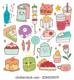 Birthday food and drink kawaii doodle vector illustration