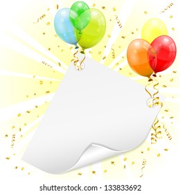 Birthday Frame with 3D Transparent Birthday Balloons, Scroll Paper, Confetti and Streamer, vector