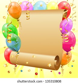 Birthday Frame with 3D Transparent Birthday Balloons, Scroll Paper, Confetti and Streamer, vector