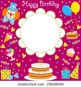  birthday frame, border. sweets, balloons, clown on a lilac background, vector