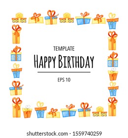 Birthday frame with gift boxes for holiday card or invitation. Cartoon style. Vector illustration