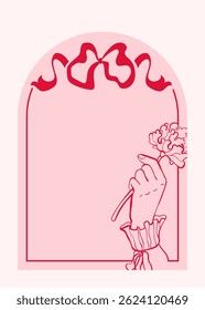 Birthday frame with hand that holds rose, in vintage clothes. Bows ribbon on pink arch background. Coquette aesthetic outline style. Postcard for invitation, party. Vector doodle illustration.