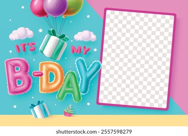 Birthday frame invitation card clipart template. It's my bday greeting text with empty frame for girl celebrant picture with balloons and gift box elements design. Vector illustration invitation card 