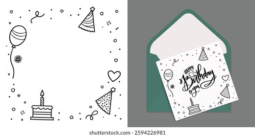 Birthday frame line art illustration, hbd frame , happy birth day frame  