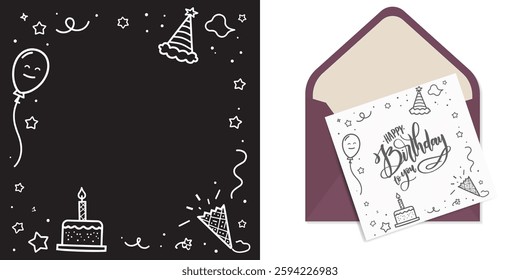 Birthday frame line art illustration, hbd frame , happy birth day frame  