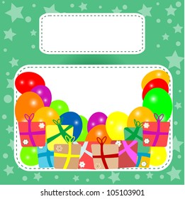 Birthday frame with multicolored balloons, box and present. vector