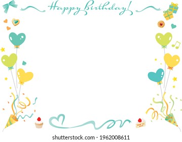 Birthday frame of ribbon, party cracker and cake.