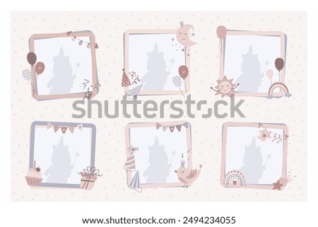 Birthday frame set in flat design. Children collage photo for album family template. Birth day cartoon border, cover. Trendy scrapbook picture. Kid snapshot. Vector illustration