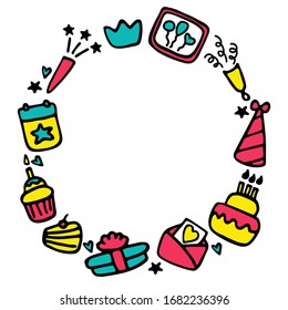 Birthday frames. Celebration b-day icon set. Hand drawn elements. Vector