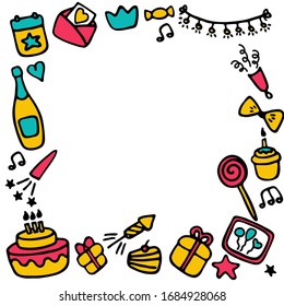 Marcos de cumpleaños. Juego de iconos de festejo al día. Elementos dibujados a mano. Vector